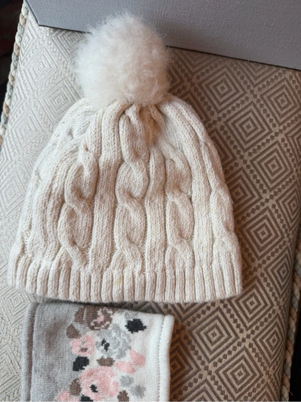 Cable Knit Pom Hat Cream and Floral Scarf Pink and Gray Janie & Jack NWT